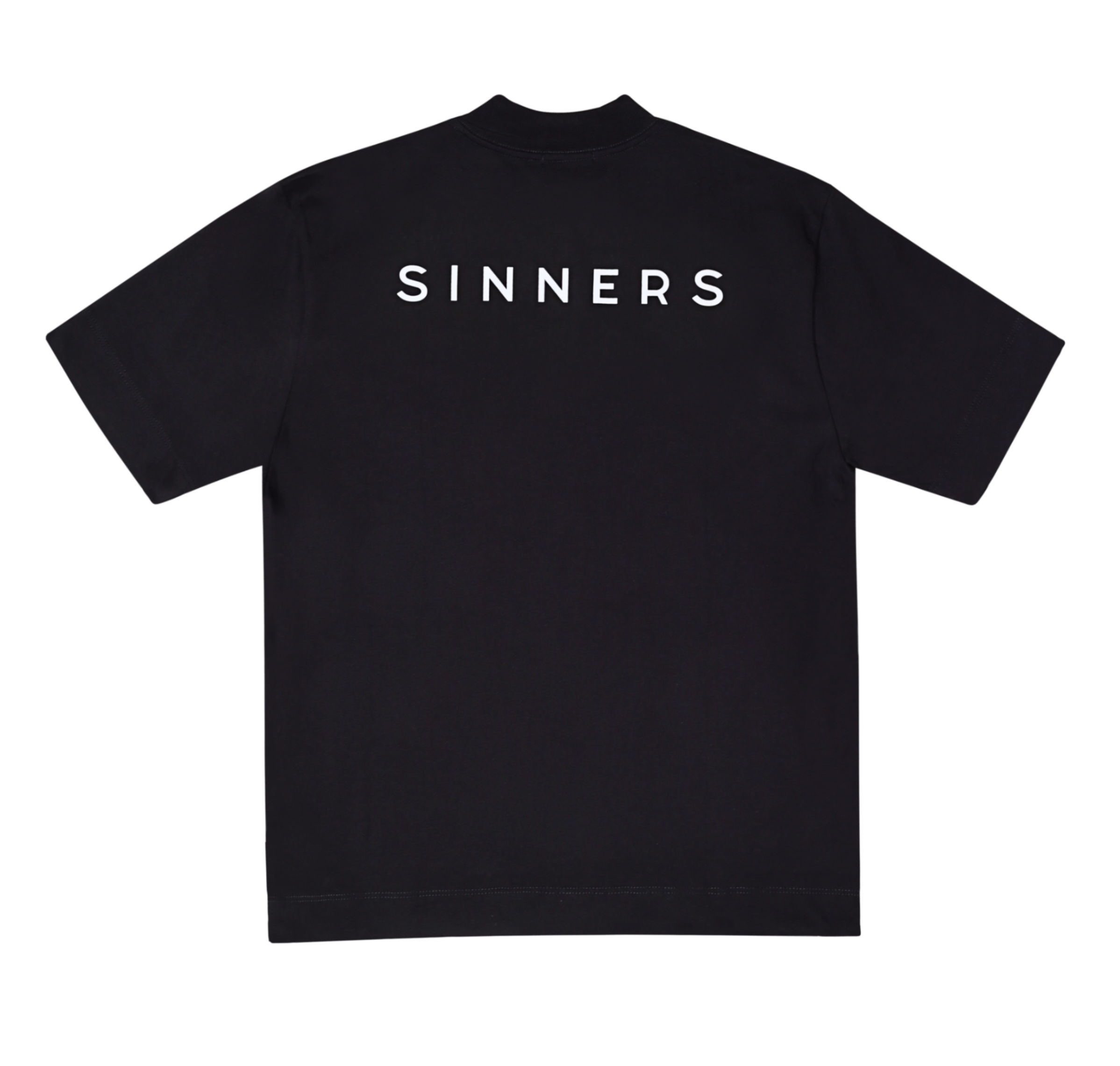 Camiseta negra con logo Sinners, algodón 240gsm, serigrafía manual.