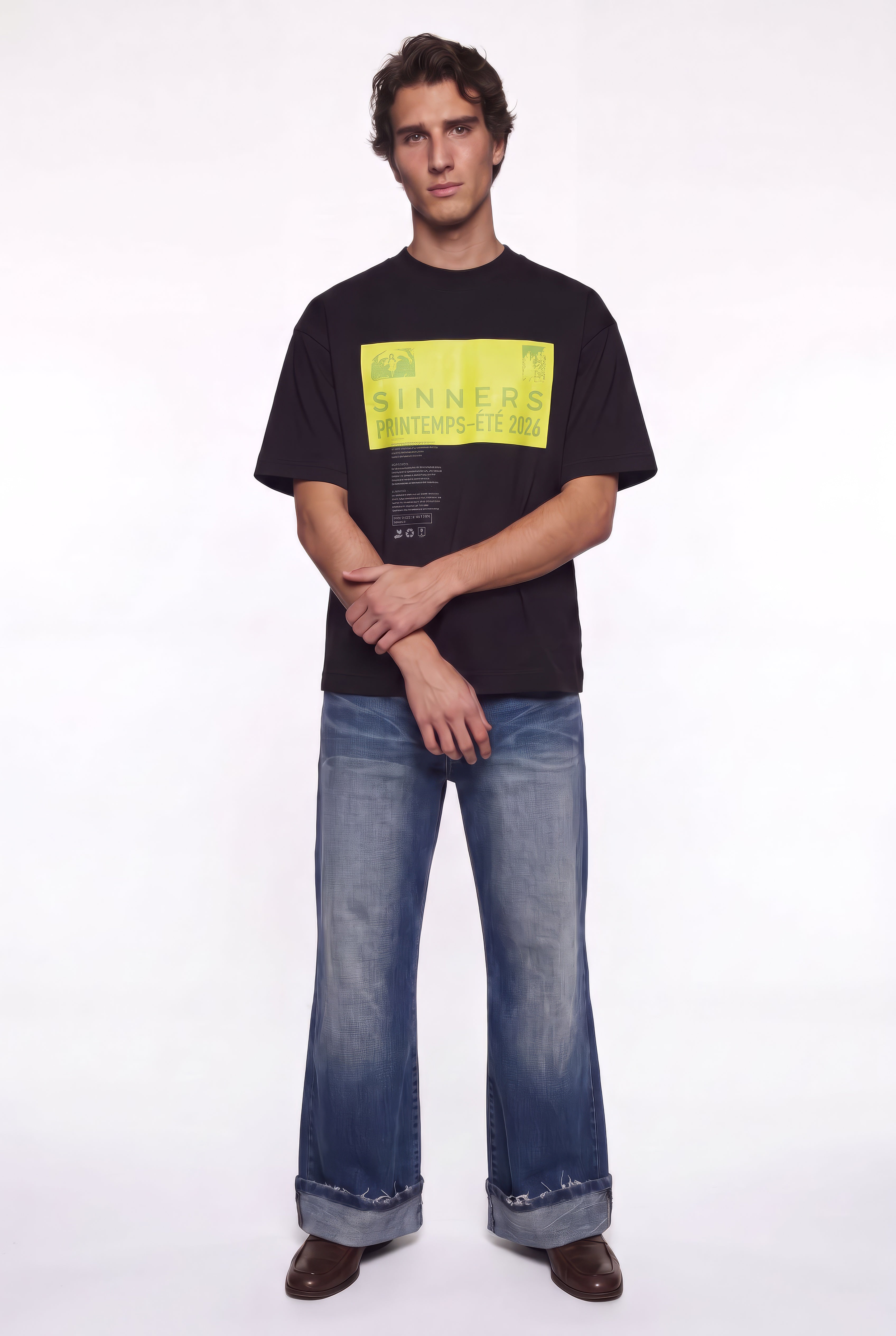 Camiseta Pre-Caución negra en modelo — lookbook SINNERS Primavera 2026