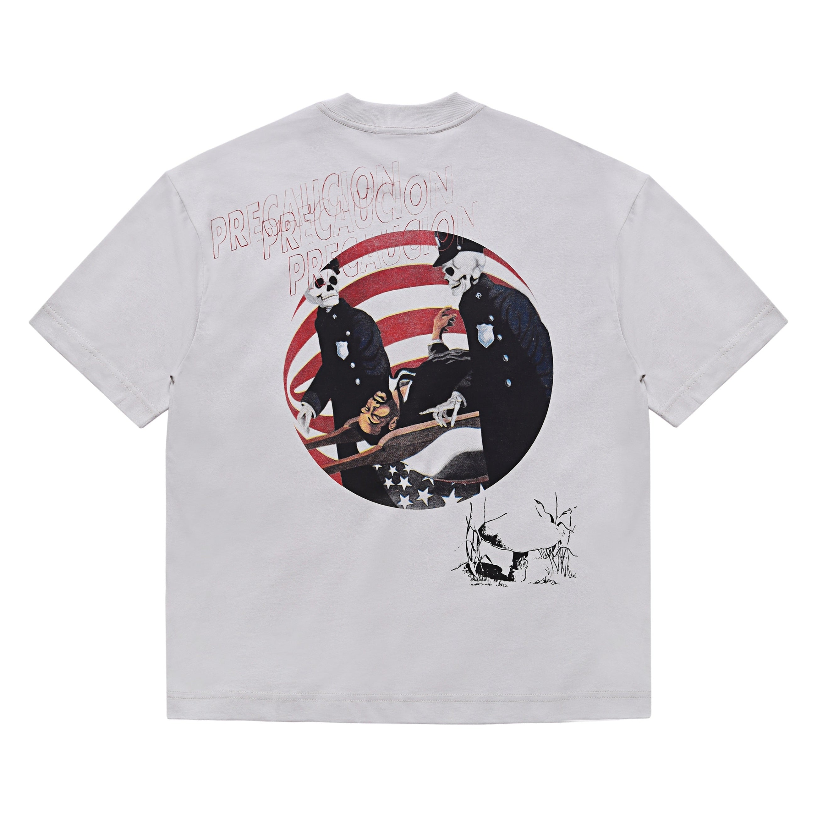 Estampado PRE-CAUCION sobre t-shirt gris de algodón 240gsm