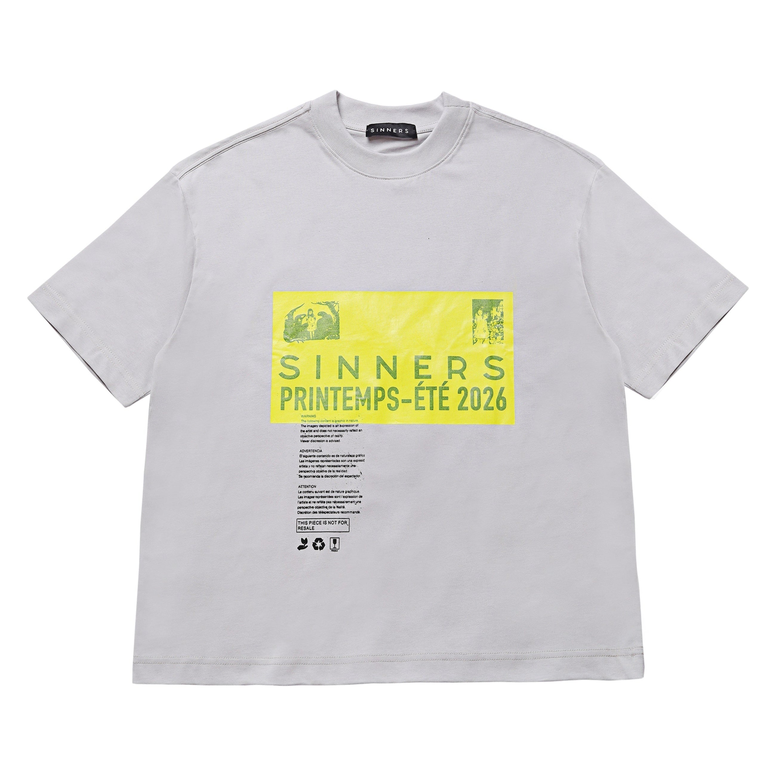 Estampado PRE-CAUCION sobre t-shirt gris de algodón 240gsm